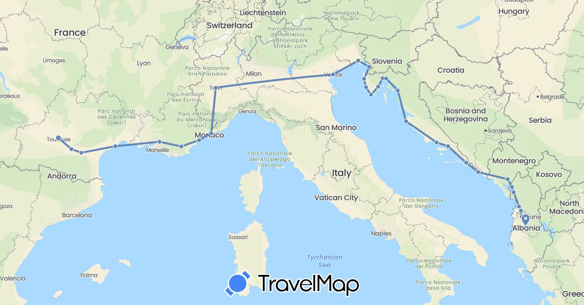 TravelMap itinerary: driving, cycling in Albania, Bosnia and Herzegovina, France, Croatia, Italy, Montenegro (Europe)